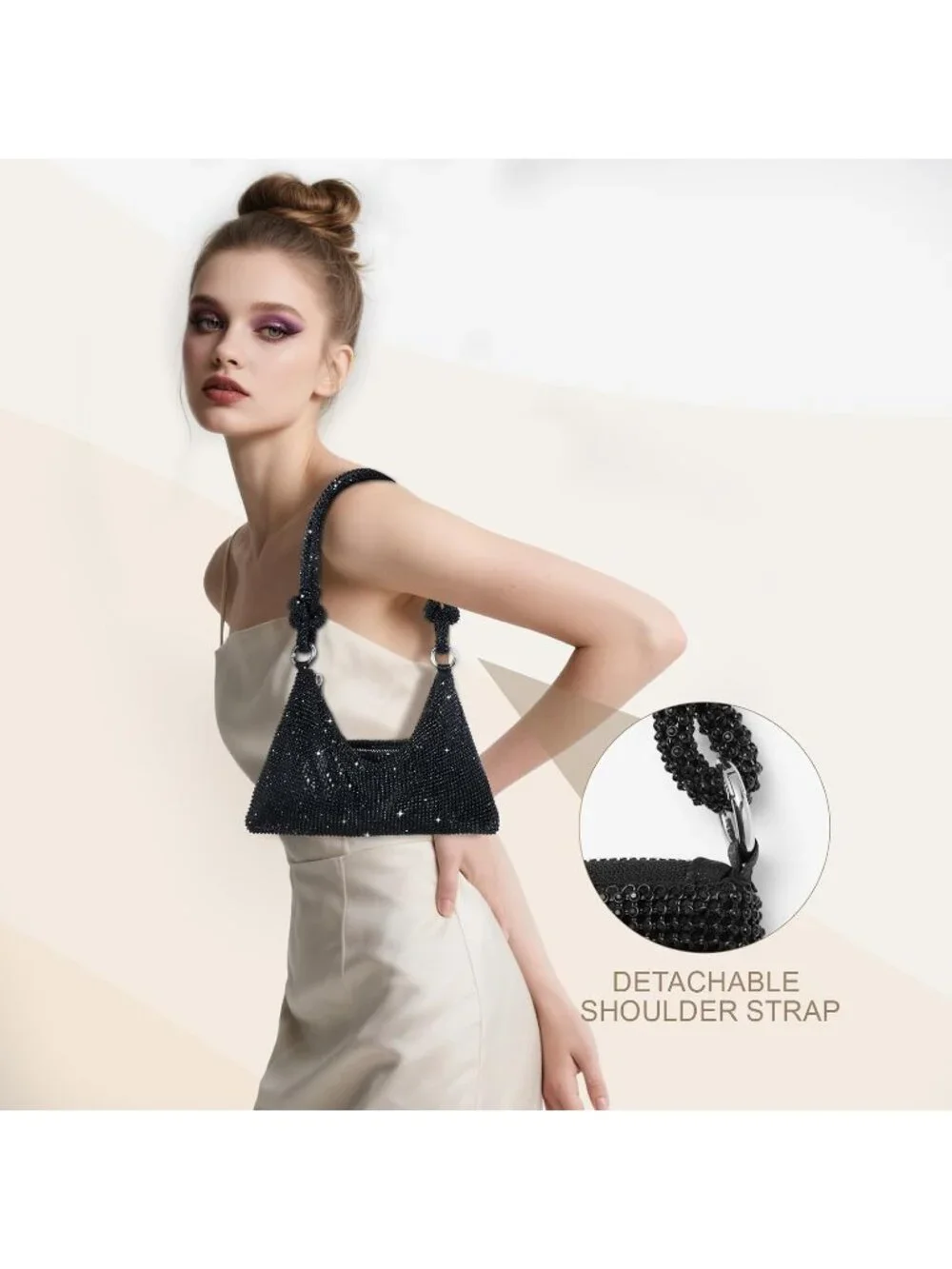 Womens Black Rhinestone Evening Sparkly Crystal Slouchy Shoulder Clutch Purse